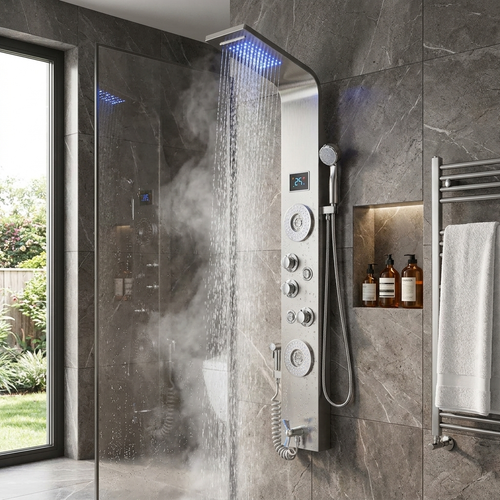 Rainfall shower panel in modern bathroom — lifestyle