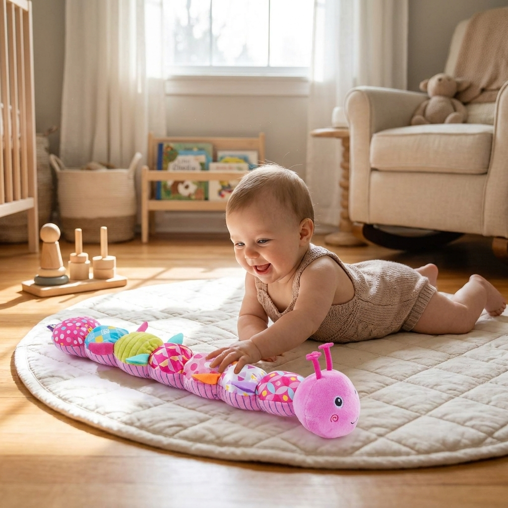 Musical plush caterpillar with baby in nursery — lifestyle