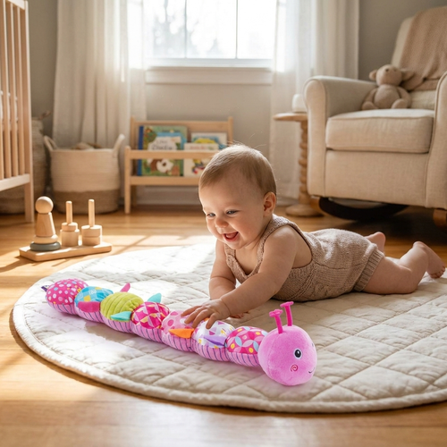 Musical plush caterpillar with baby in nursery — lifestyle