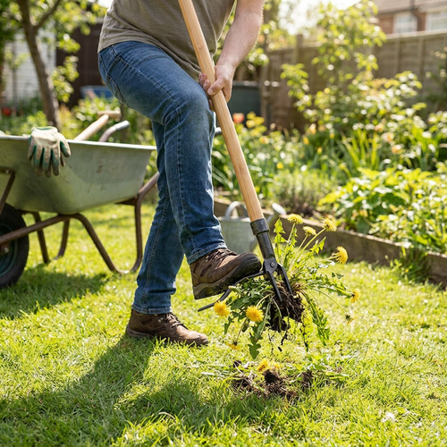 Stand-up weed puller pulling weed from lawn — lifestyle
