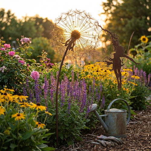 Fairy garden stake among flowers — lifestyle