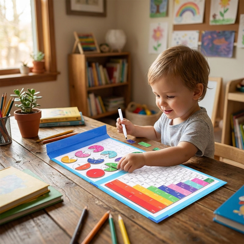 Child using magnetic fraction learning book — lifestyle