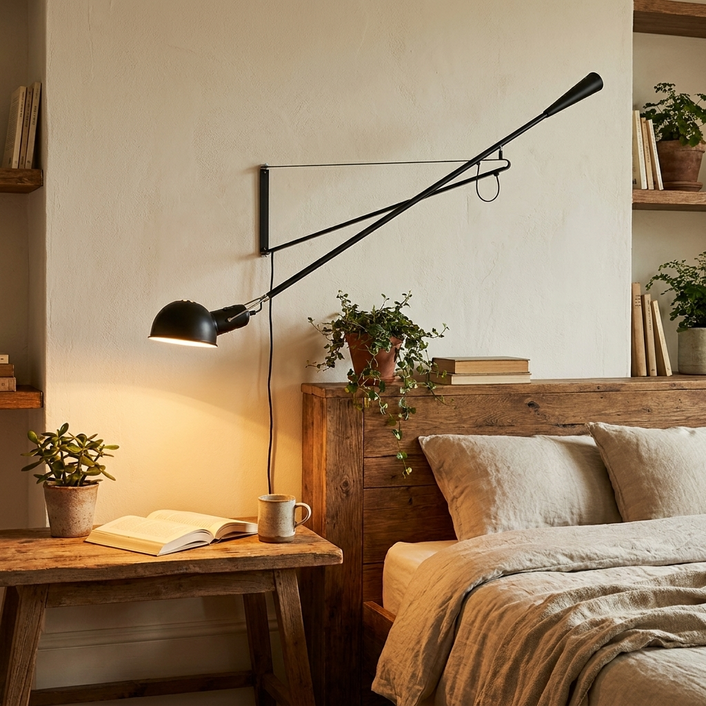 Adjustable wall lamp in cozy reading nook — lifestyle