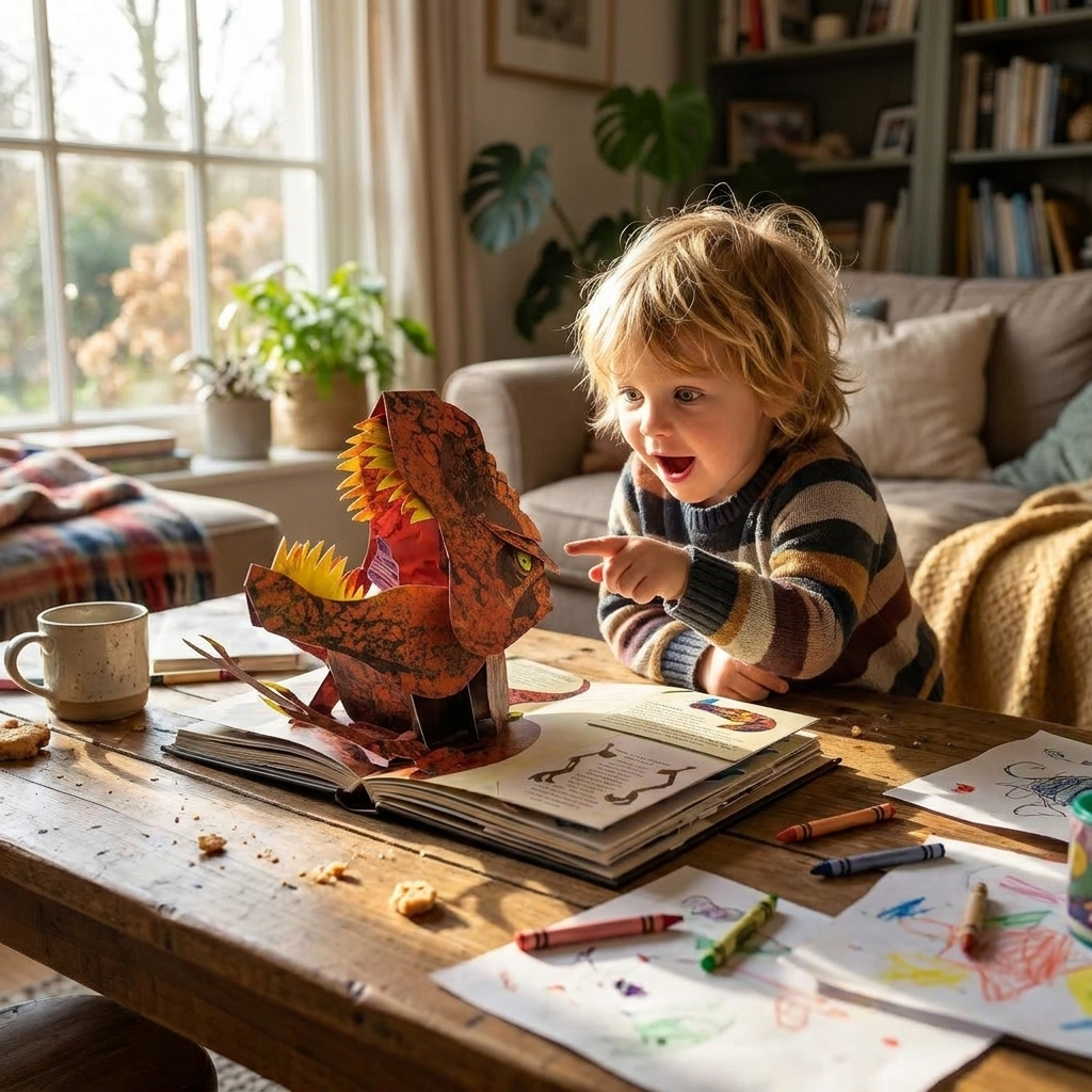 Child with 3D pop-up dinosaur book — lifestyle