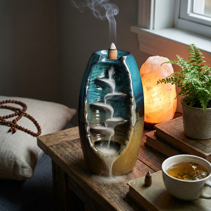 Incense waterfall burner with cascading smoke — lifestyle