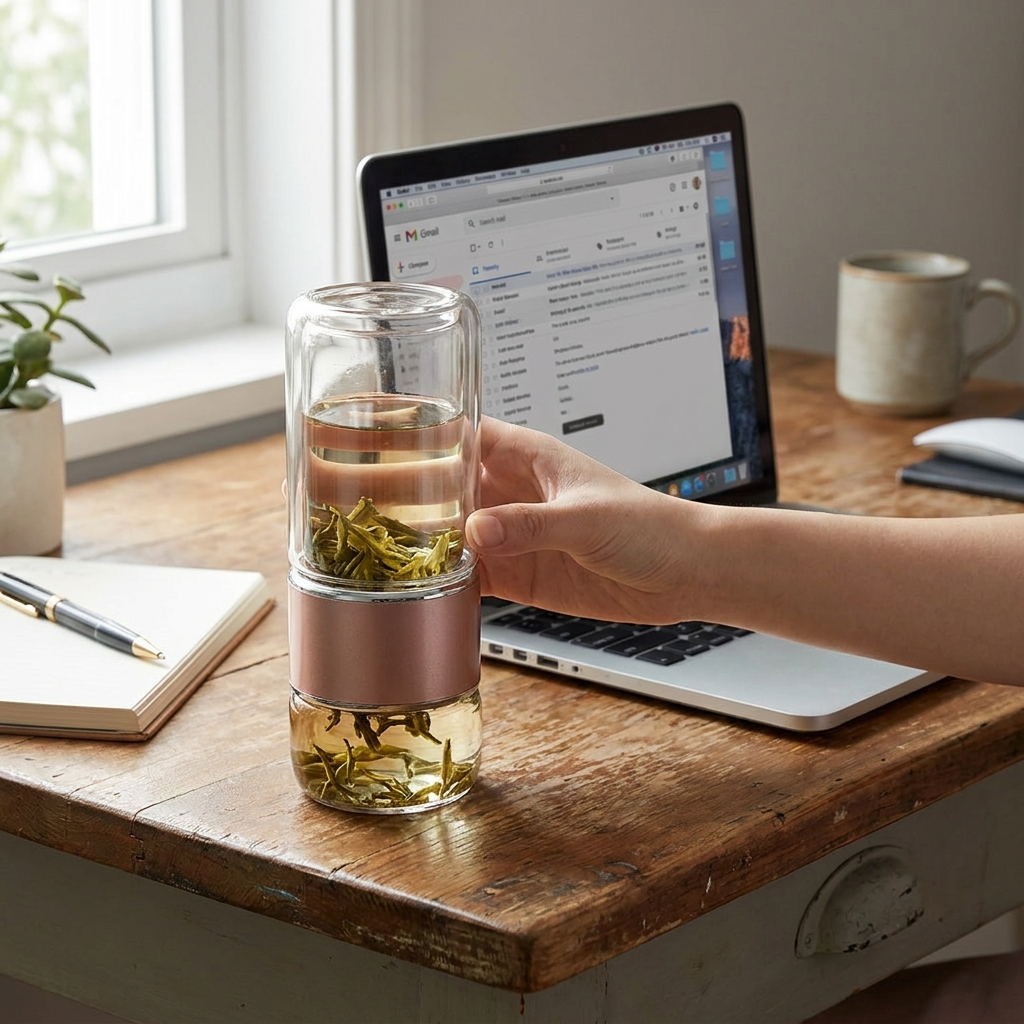 Glass tea infuser bottle — lifestyle