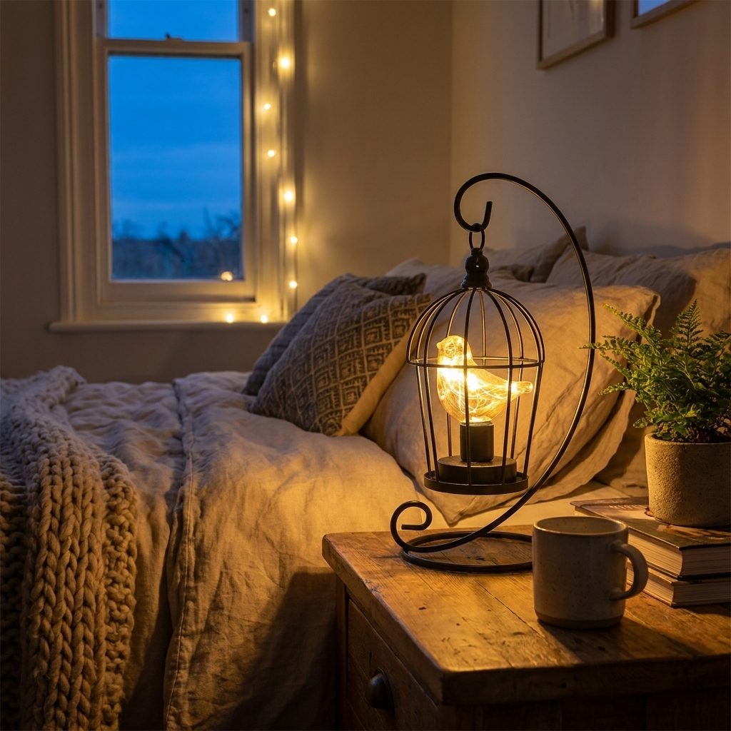 Birdcage fairy light lamp — lifestyle