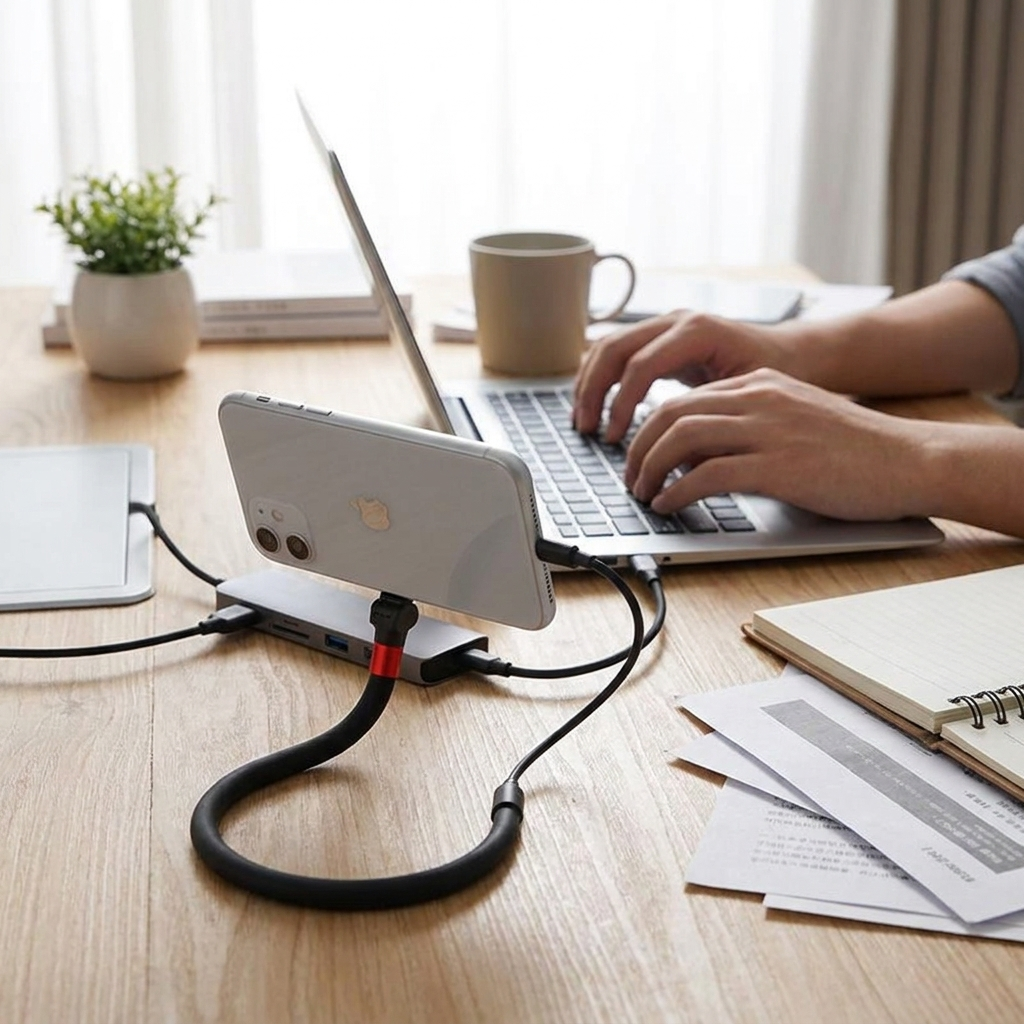 Foldable phone cable stand — lifestyle