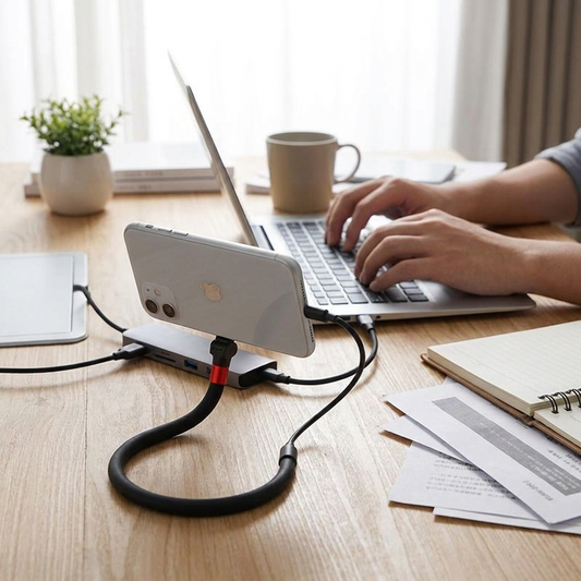 Foldable phone cable stand — lifestyle