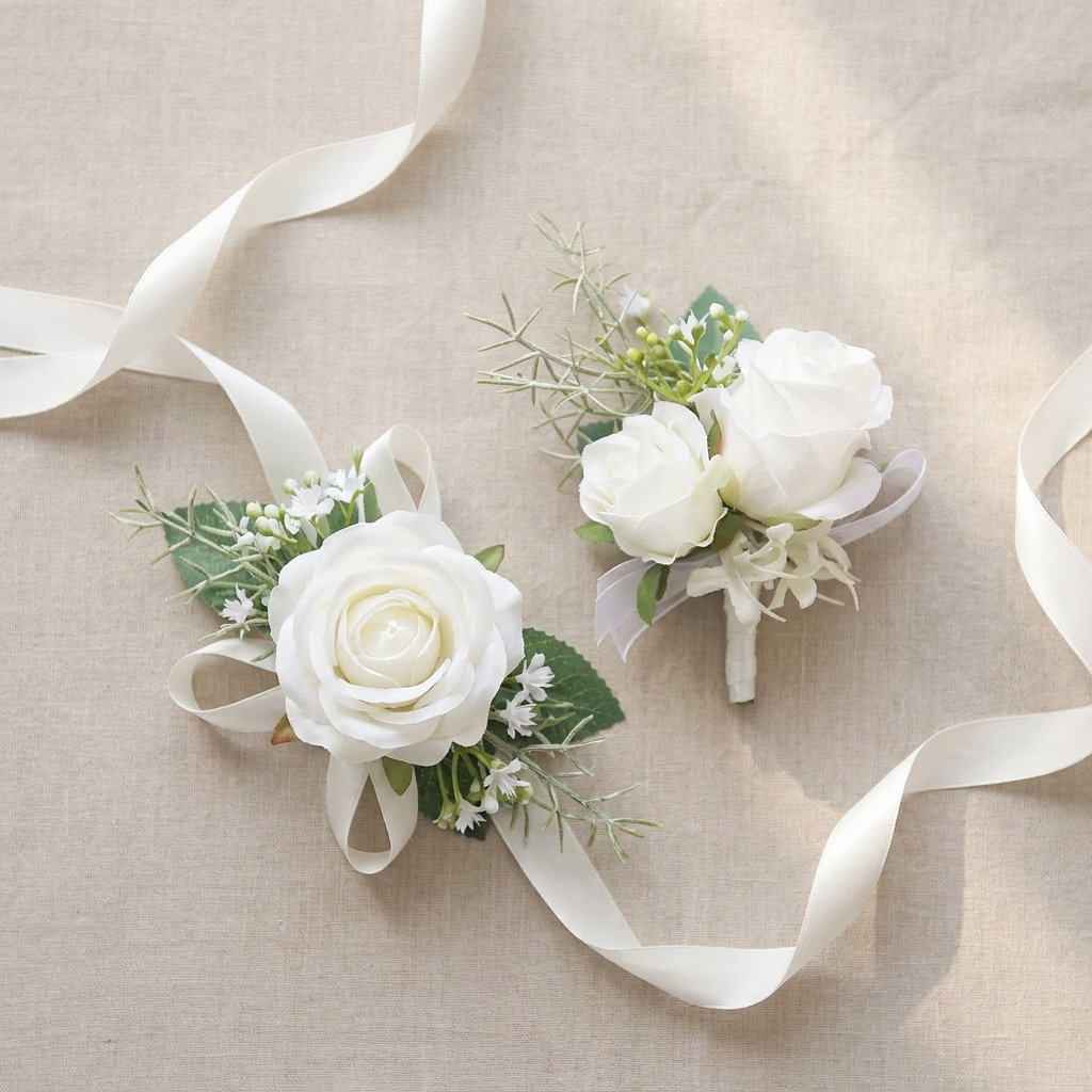 White rose wrist corsage set — lifestyle