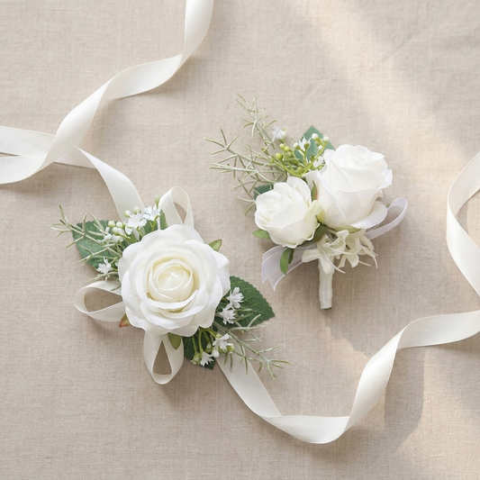 White rose wrist corsage set — lifestyle