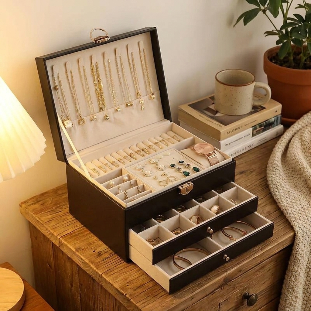 Leather jewelry box organizer — lifestyle