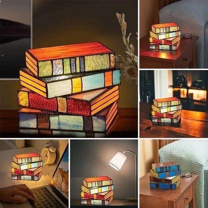 Stained Glass Stacked Book Lamp, Vintage Accent