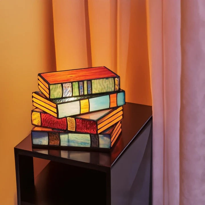 Stained Glass Stacked Book Lamp, Vintage Accent