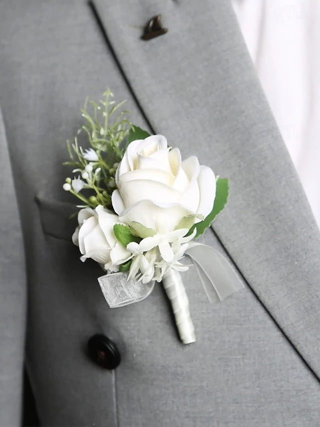 White Rose Wrist Corsage and Boutonniere Set