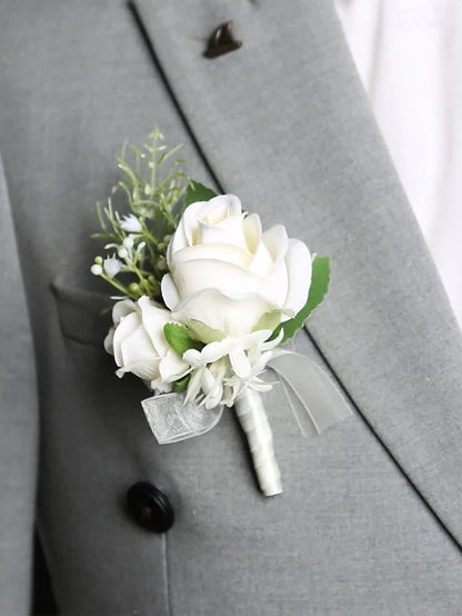 White Rose Wrist Corsage and Boutonniere Set