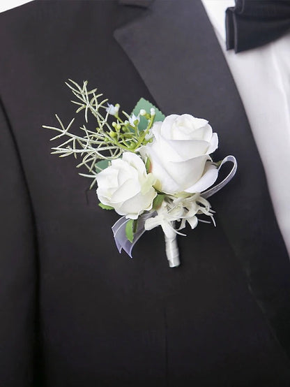 White Rose Wrist Corsage and Boutonniere Set