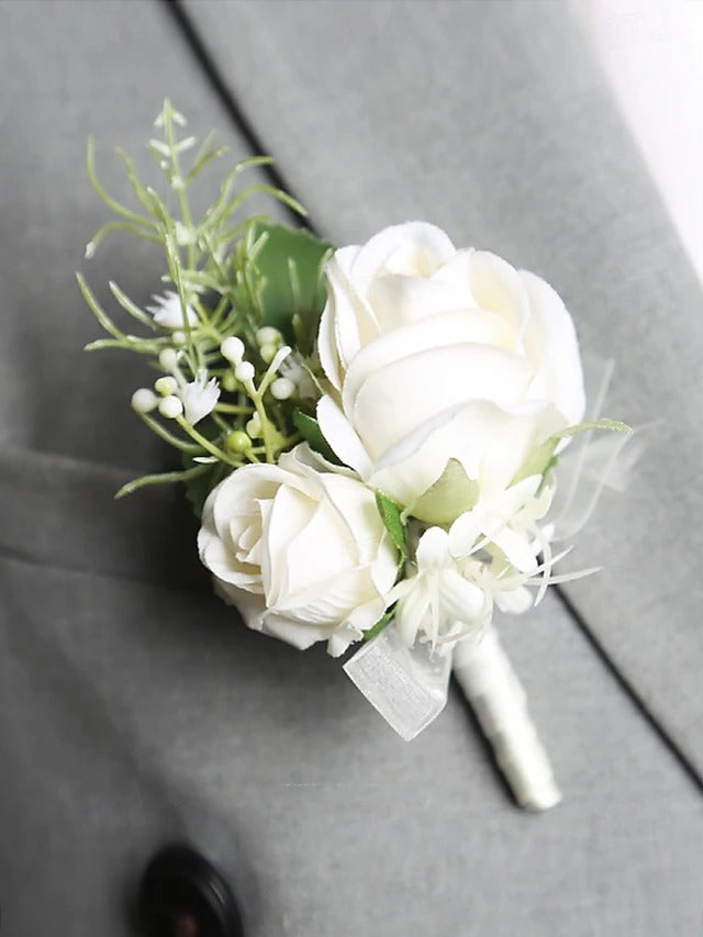 White Rose Wrist Corsage and Boutonniere Set