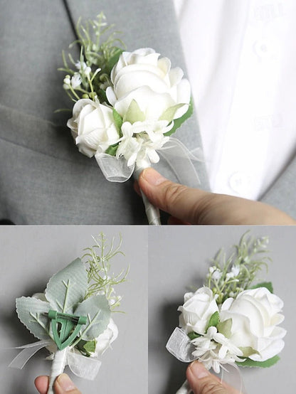 White Rose Wrist Corsage and Boutonniere Set