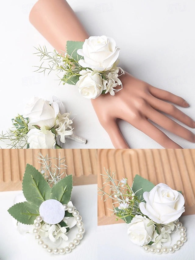 White Rose Wrist Corsage and Boutonniere Set