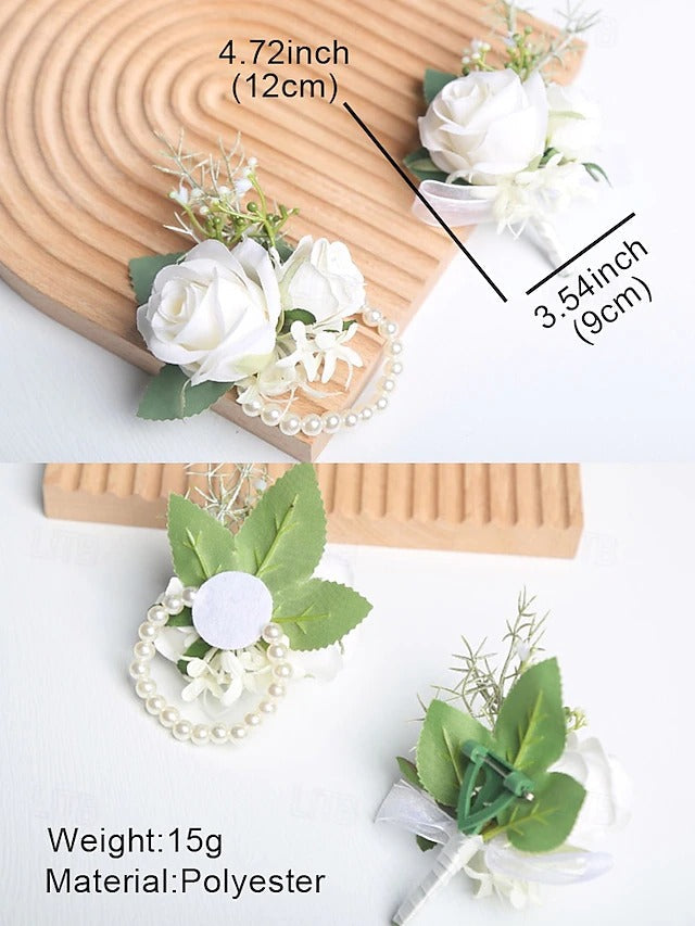 White Rose Wrist Corsage and Boutonniere Set