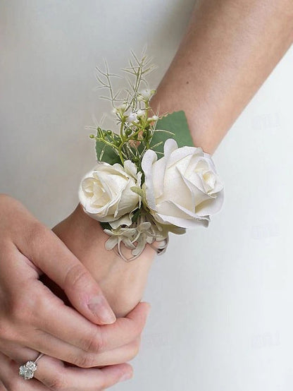 White Rose Wrist Corsage and Boutonniere Set