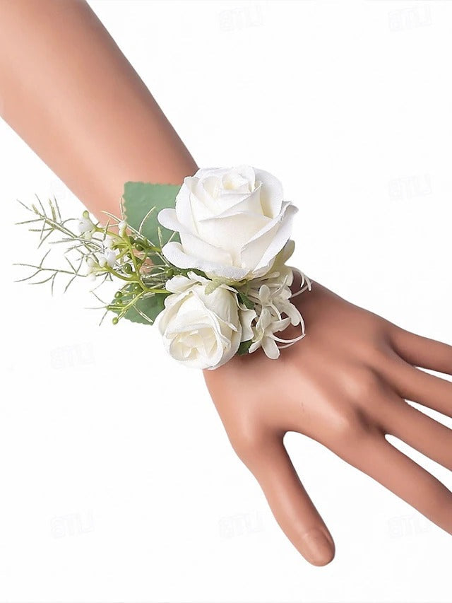 White Rose Wrist Corsage and Boutonniere Set