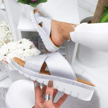 Glitter Cross-Strap Slide Sandals, Platform Sole