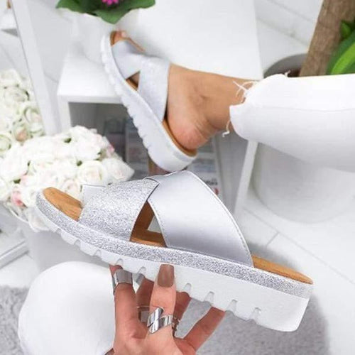 Glitter Cross-Strap Slide Sandals, Platform Sole