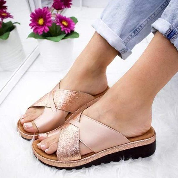Glitter Cross-Strap Slide Sandals, Platform Sole
