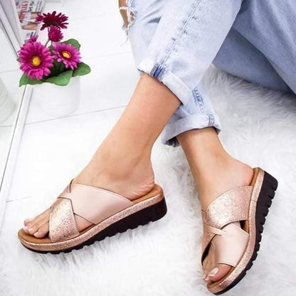 Glitter Cross-Strap Slide Sandals, Platform Sole