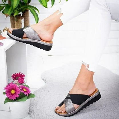 Glitter Cross-Strap Slide Sandals, Platform Sole