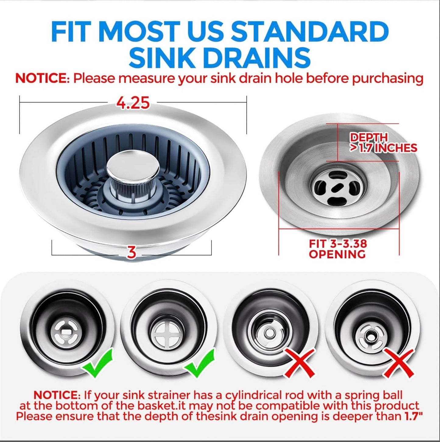 Sink Drain Strainer with Anti-Clogging Basket