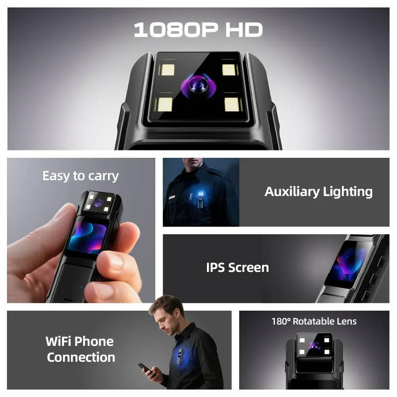 1080P HD Body Camera with Night Vision, 180° Lens