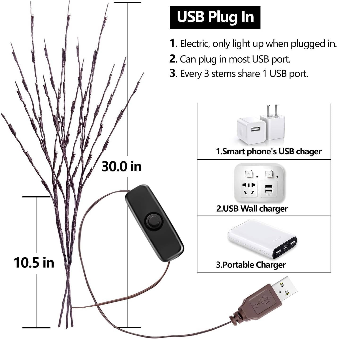 3 Pack USB Prelit Twig Lights, 60 LED Warm Glow