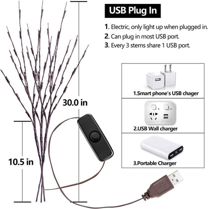 3 Pack USB Prelit Twig Lights, 60 LED Warm Glow