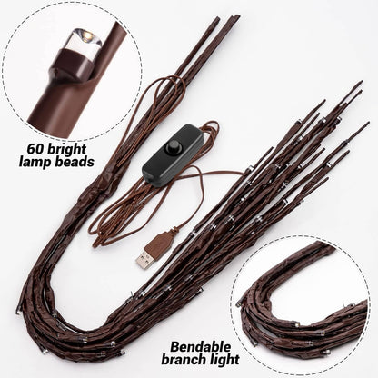 3 Pack USB Prelit Twig Lights, 60 LED Warm Glow