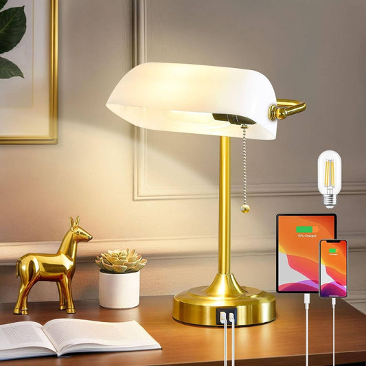 Vintage Bankers Desk Lamp, USB and Type C Ports