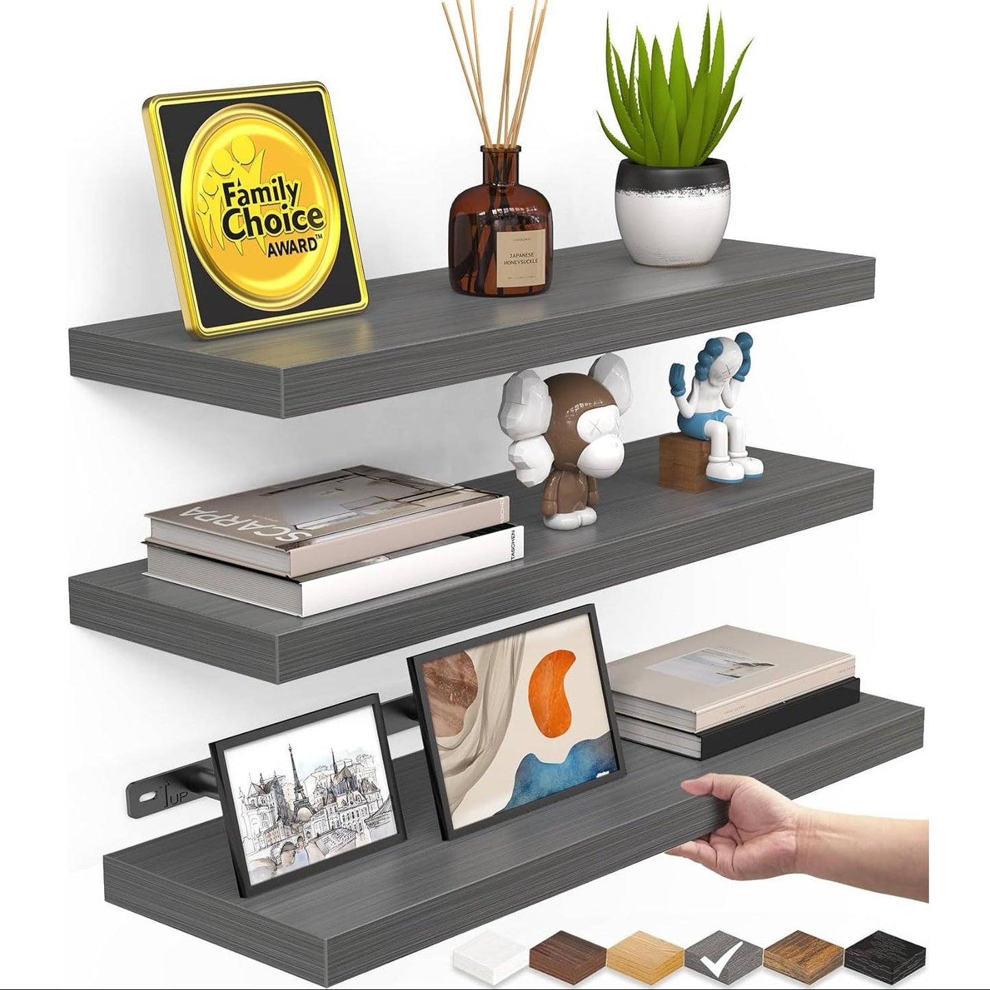 Rustic Wood Floating Wall Shelves, 3 Pack