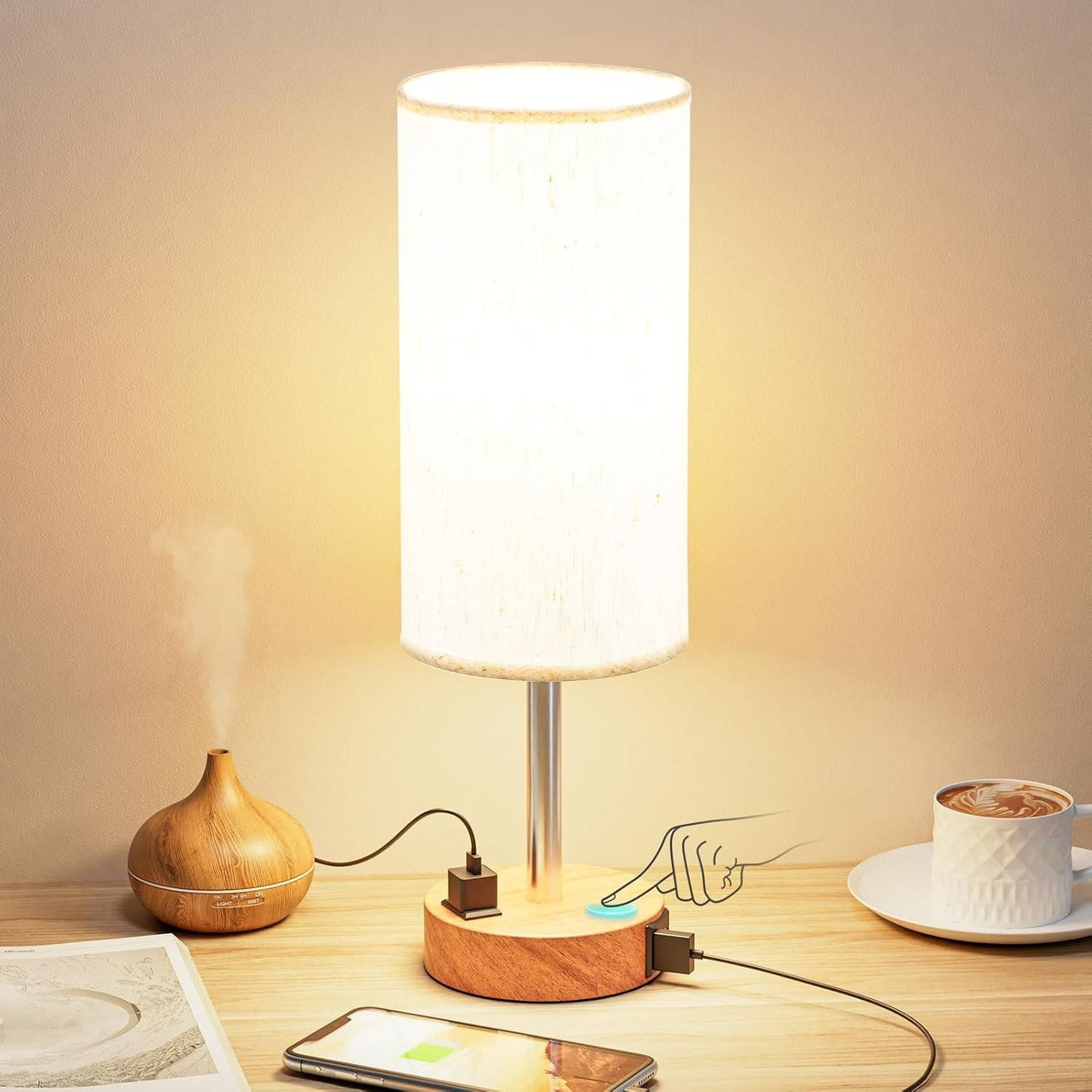 Bedside Table Lamp with USB-C Ports & AC Outlet