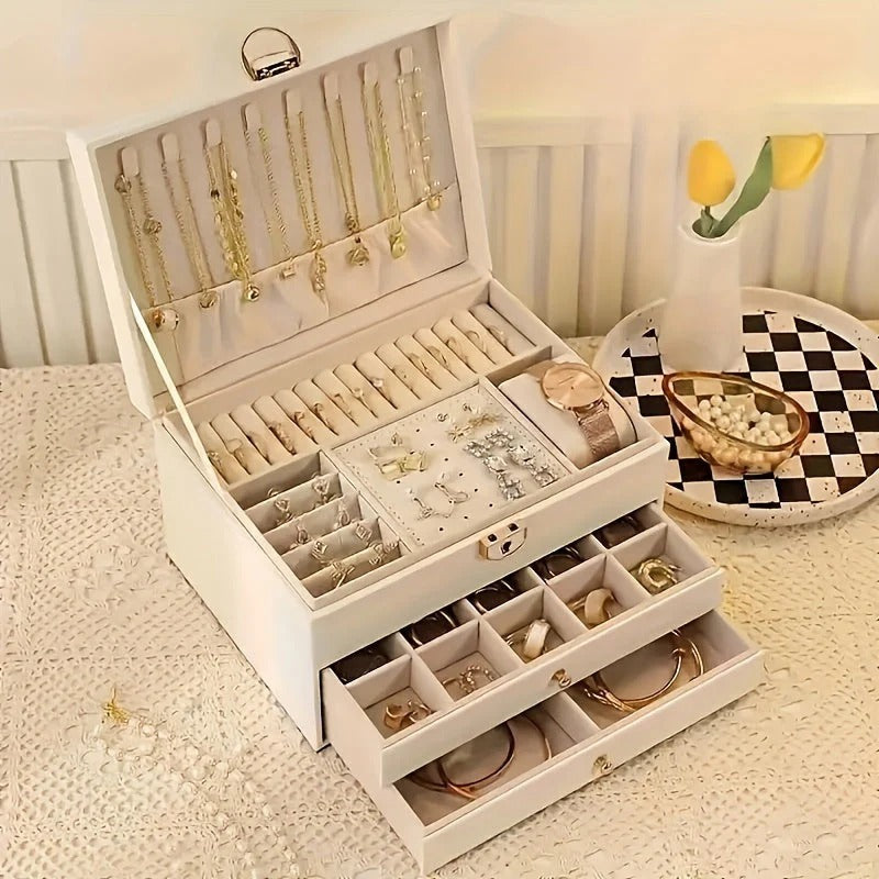 Leather Jewelry Box Organizer with Drawers