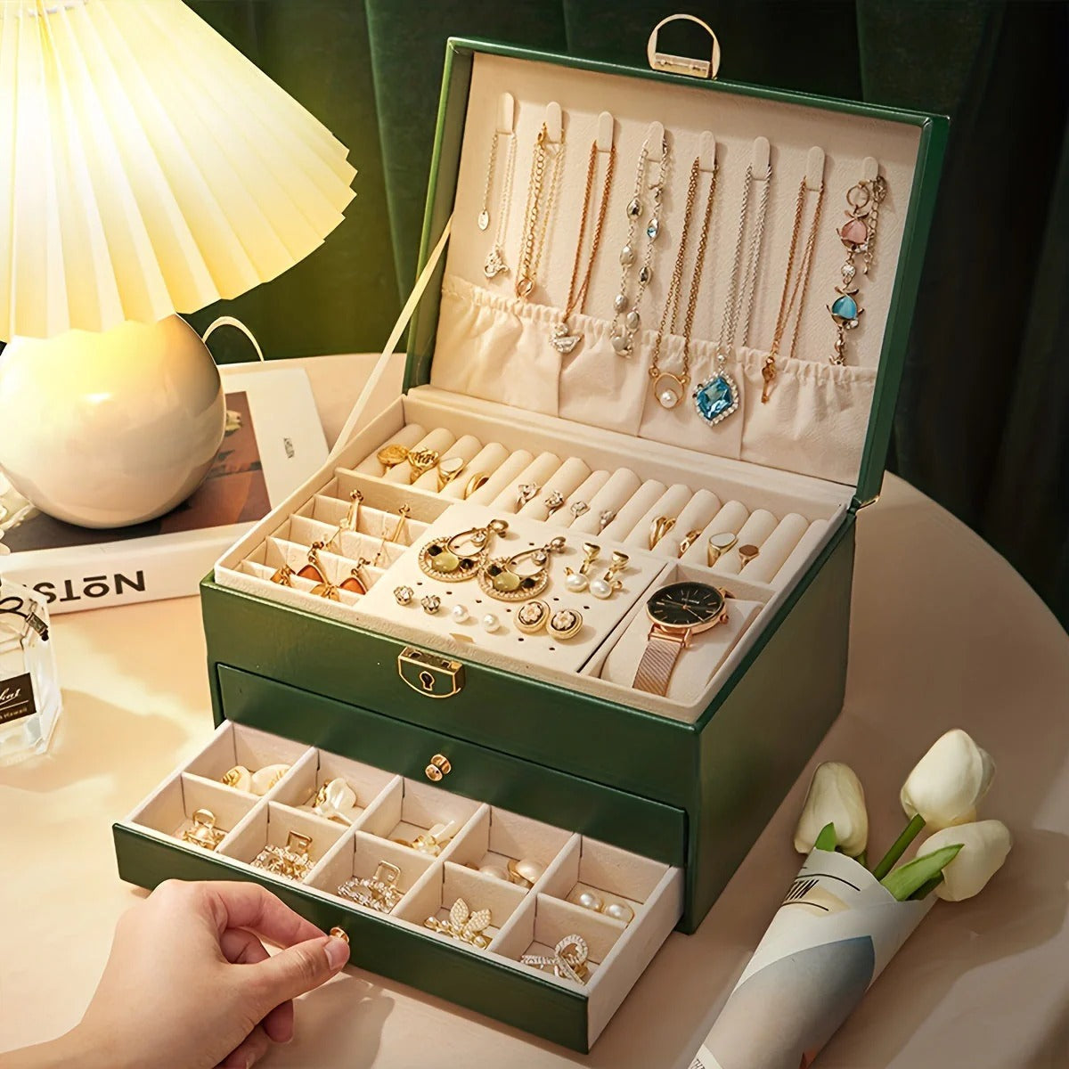 Leather Jewelry Box Organizer with Drawers