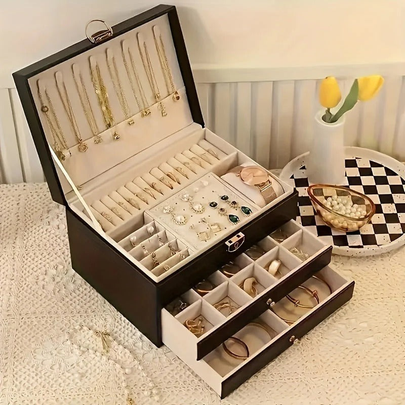 Leather Jewelry Box Organizer with Drawers